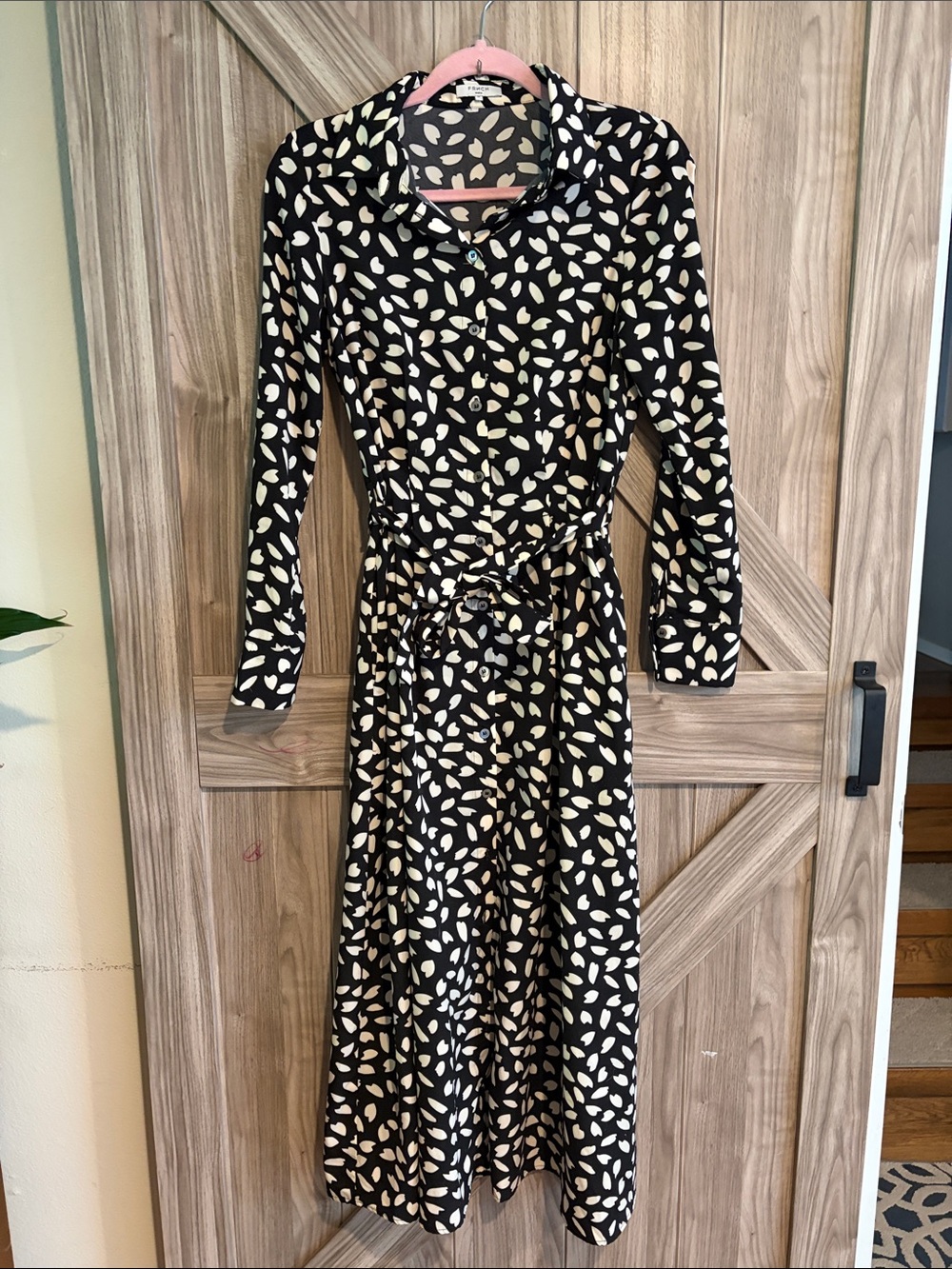 FRNCH Black Long-Sleeve Shirt Dress with Cream Leaf Print